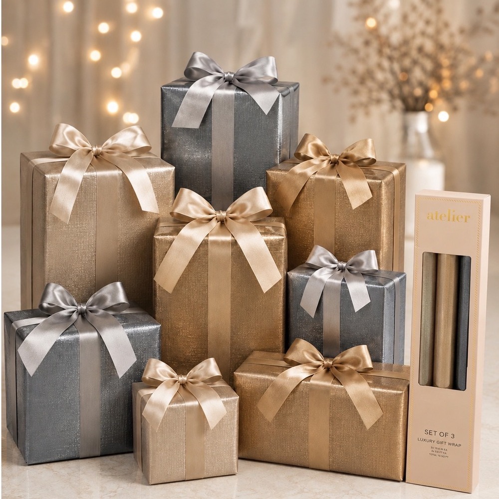 Atelier Luxury Gift Wrap Set of 3 Metallic Textured Paper Rolls 75 SqFt 109-00